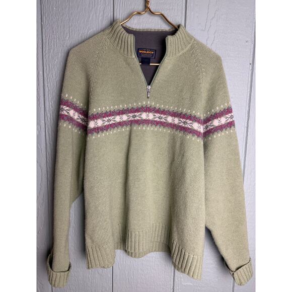 Vintage Woolrich Women’s XL Lambswool Quarter Zip Sweater Green Fair Isle Trim - Picture 1 of 7